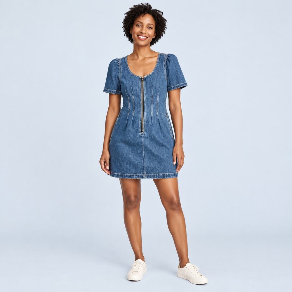 Madewell Dress WMNS 00 Blue Puff Sleeve Zip Front A-Line Mini Y2K Denim Revival - Picture 1 of 7